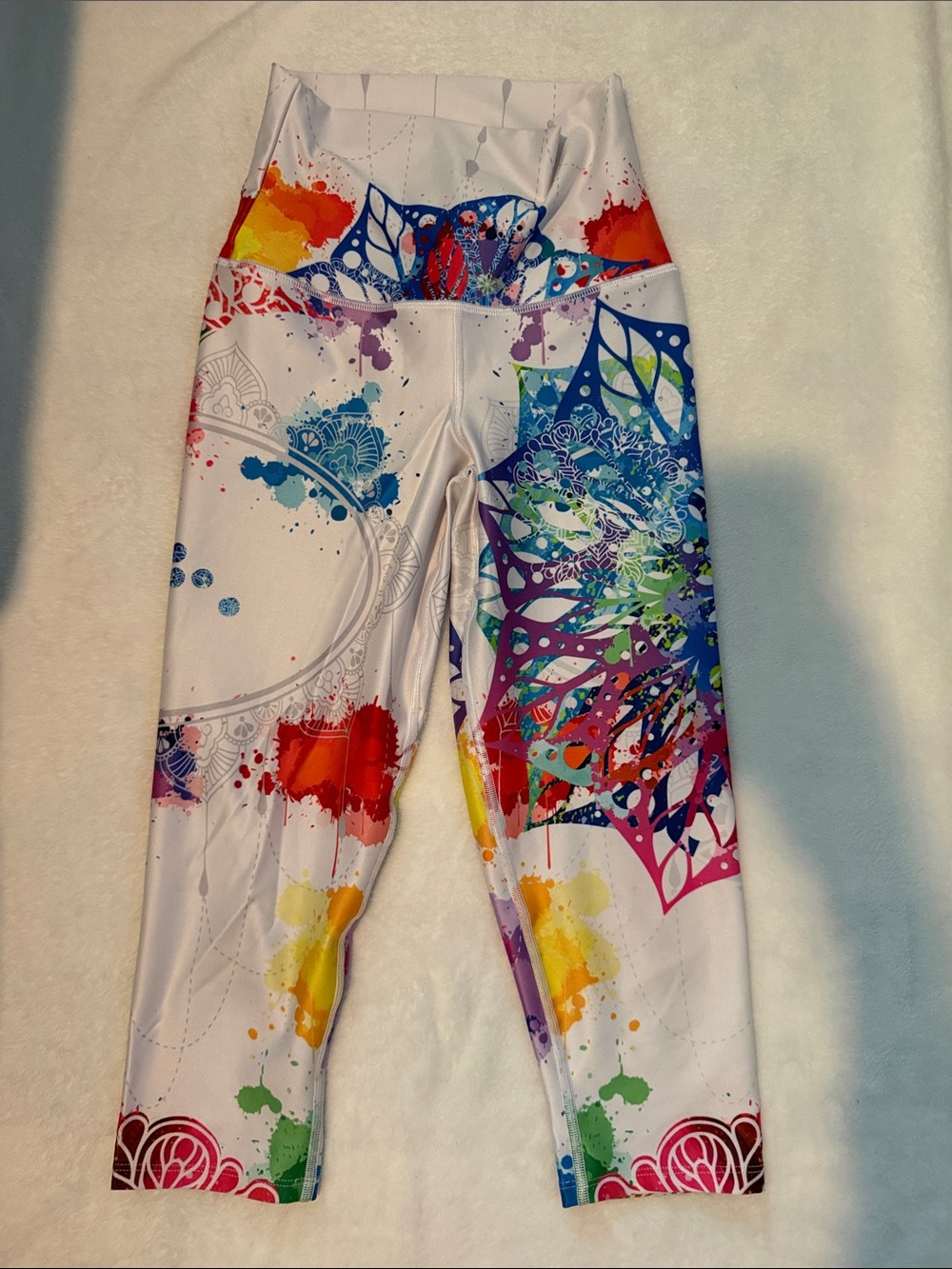 White Multicolor Mandala Print High-Waist crop Leggings